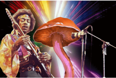 Montagem de Jimi Hendrix com o filme "2001: Uma Odisseia no Espaço" e um cogumelo mágico.