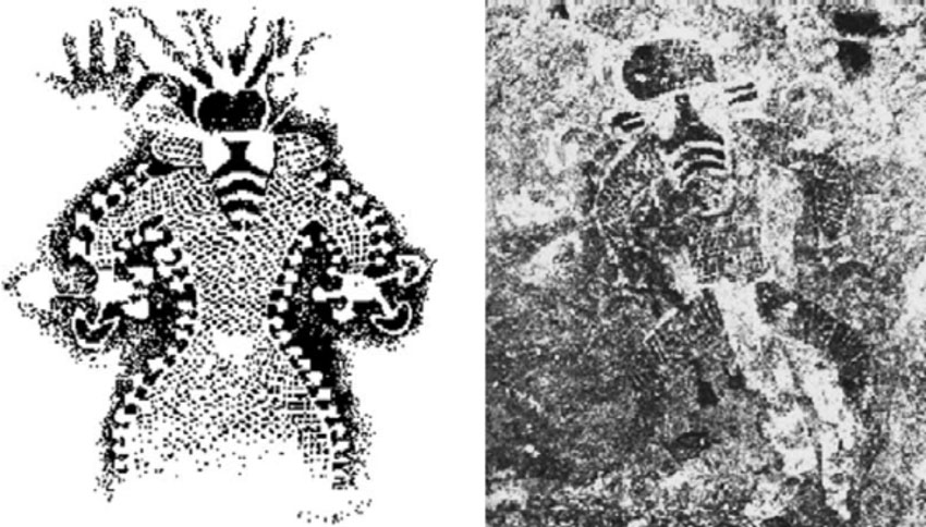 Mural arqueológico da caverna de Tassili n'Ajjer, Argélia, representando uma figura humanoide com corpo coberto por cogumelos semelhantes aos Psilocybe. Imagem atribuída a Stephen Berlant e ao Journal of ethnopharmacology 102, de 2005.