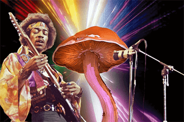 Montagem de Jimi Hendrix com o filme "2001: Uma Odisseia no Espaço" e um cogumelo mágico.