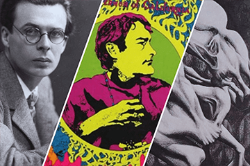 Montagem da fotografia de Aldous Huxley com a ilustração do livro "High Priest", de Timothy Leary, e capa do livro "Os morcegos estão comendo os mamões maduros", de Gramiro de Matos.