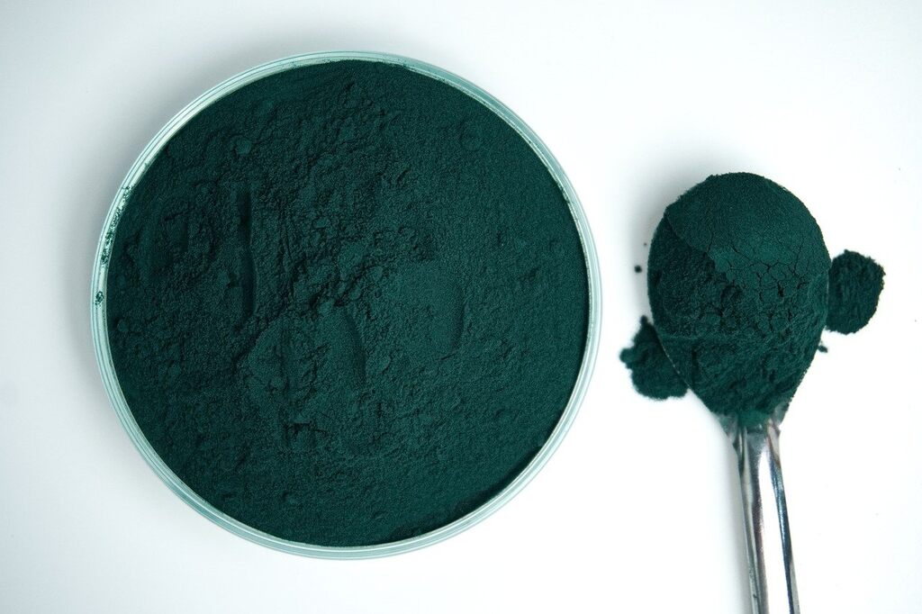 Para que serve spirulina, pote com spirulina e colher